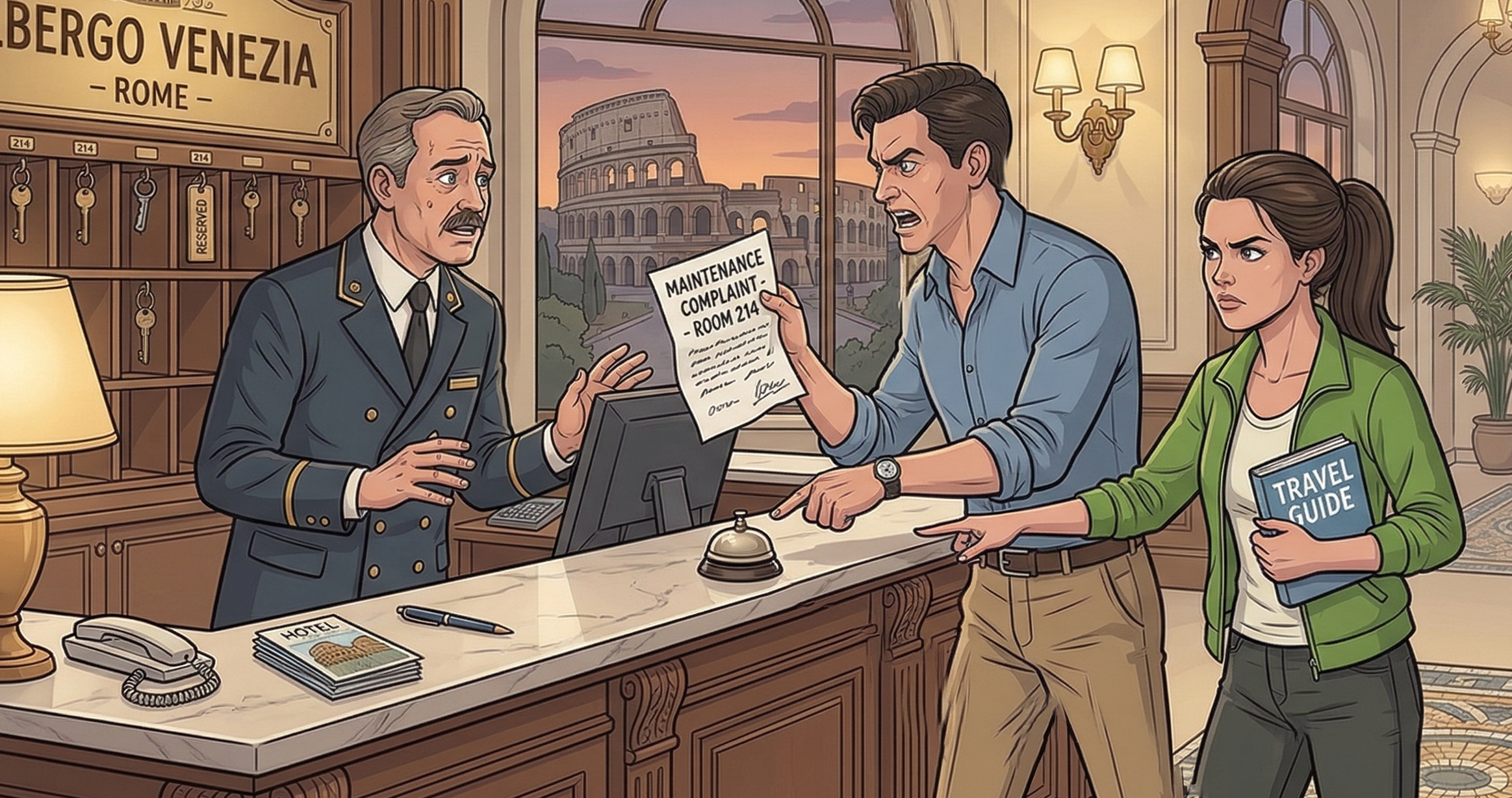 Hotel receptionist helping a guest at the front desk
